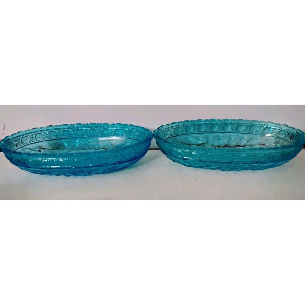 Vtg Teal Blue Pressed Glass Oval Bowls Cameo Floral Intaglio Pattern Pair of 2